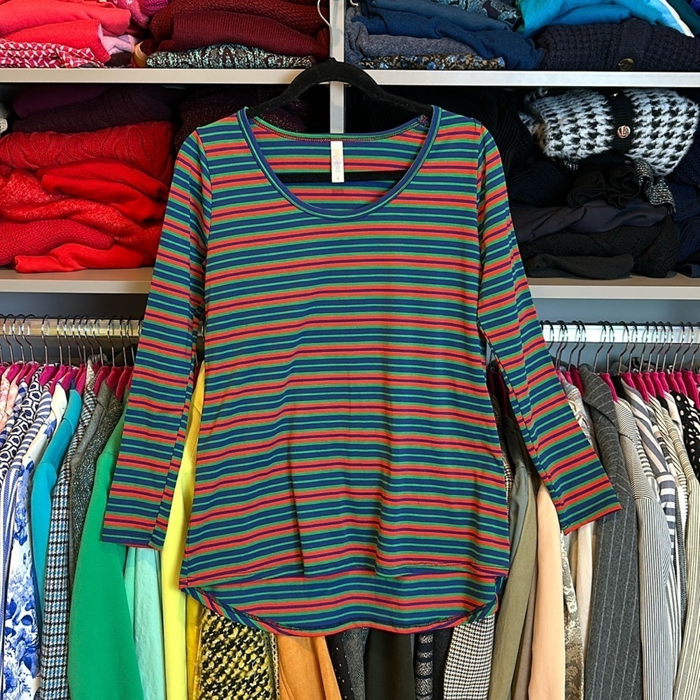LulaRoe navy/green/red striped long sleeve scoop neck top size S